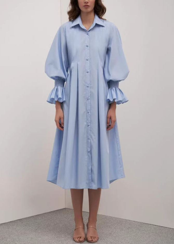 Women Blue Peter Pan Collar Patchwork Cotton Shirts Dress Summer