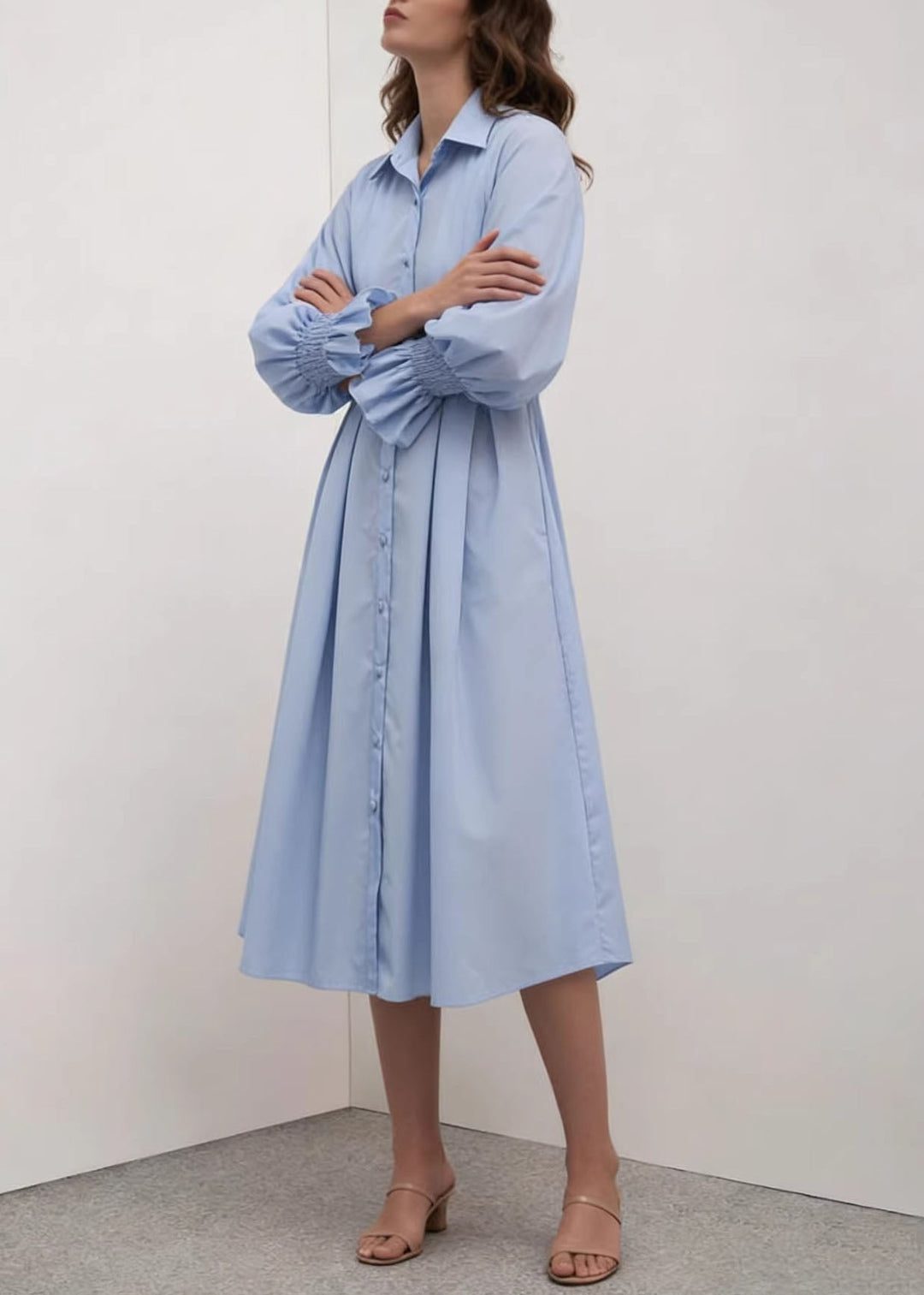 Women Blue Peter Pan Collar Patchwork Cotton Shirts Dress Summer
