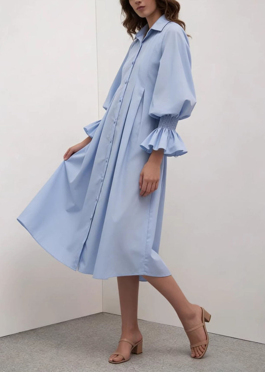 Women Blue Peter Pan Collar Patchwork Cotton Shirts Dress Summer