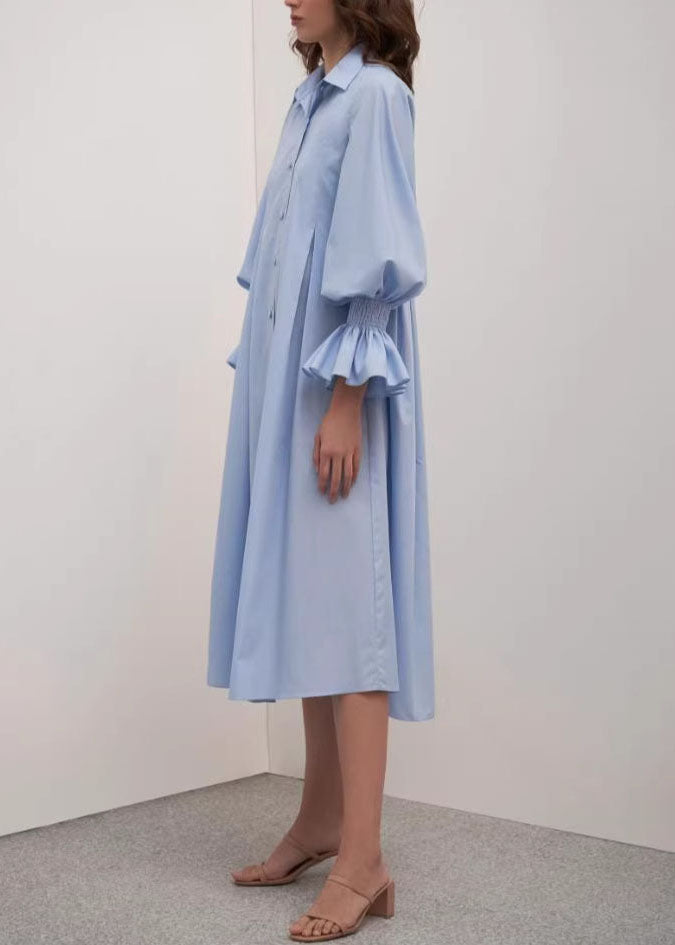 Women Blue Peter Pan Collar Patchwork Cotton Shirts Dress Summer