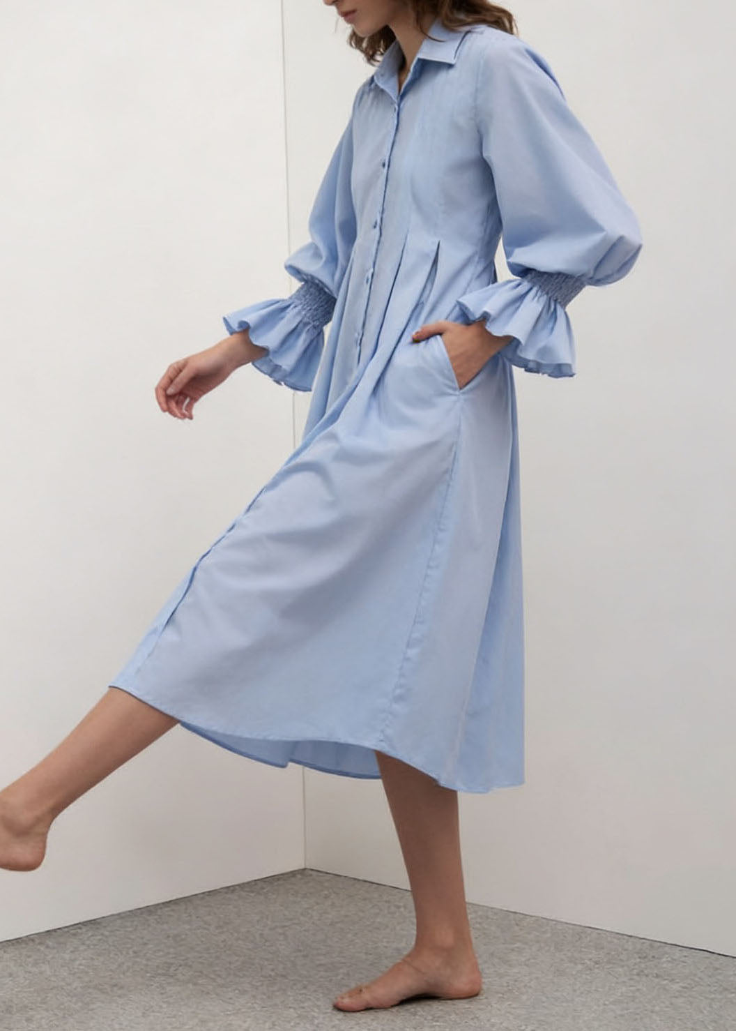 Women Blue Peter Pan Collar Patchwork Cotton Shirts Dress Summer