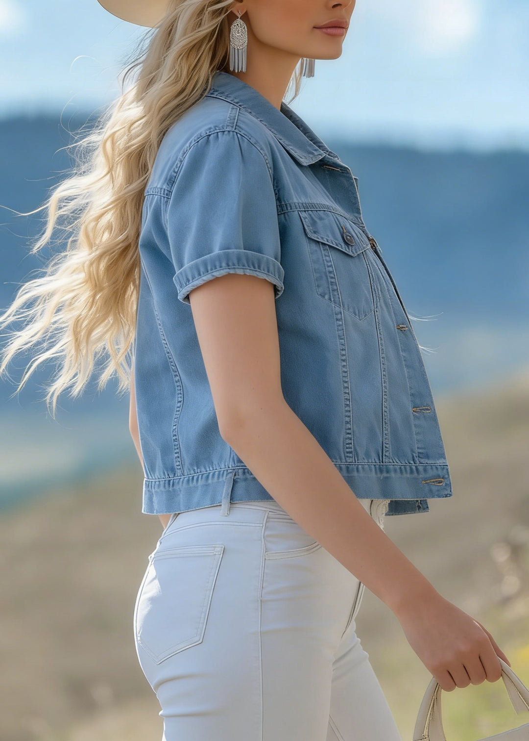 Women Blue Peter Pan Collar Pockets Denim Jackets Summer