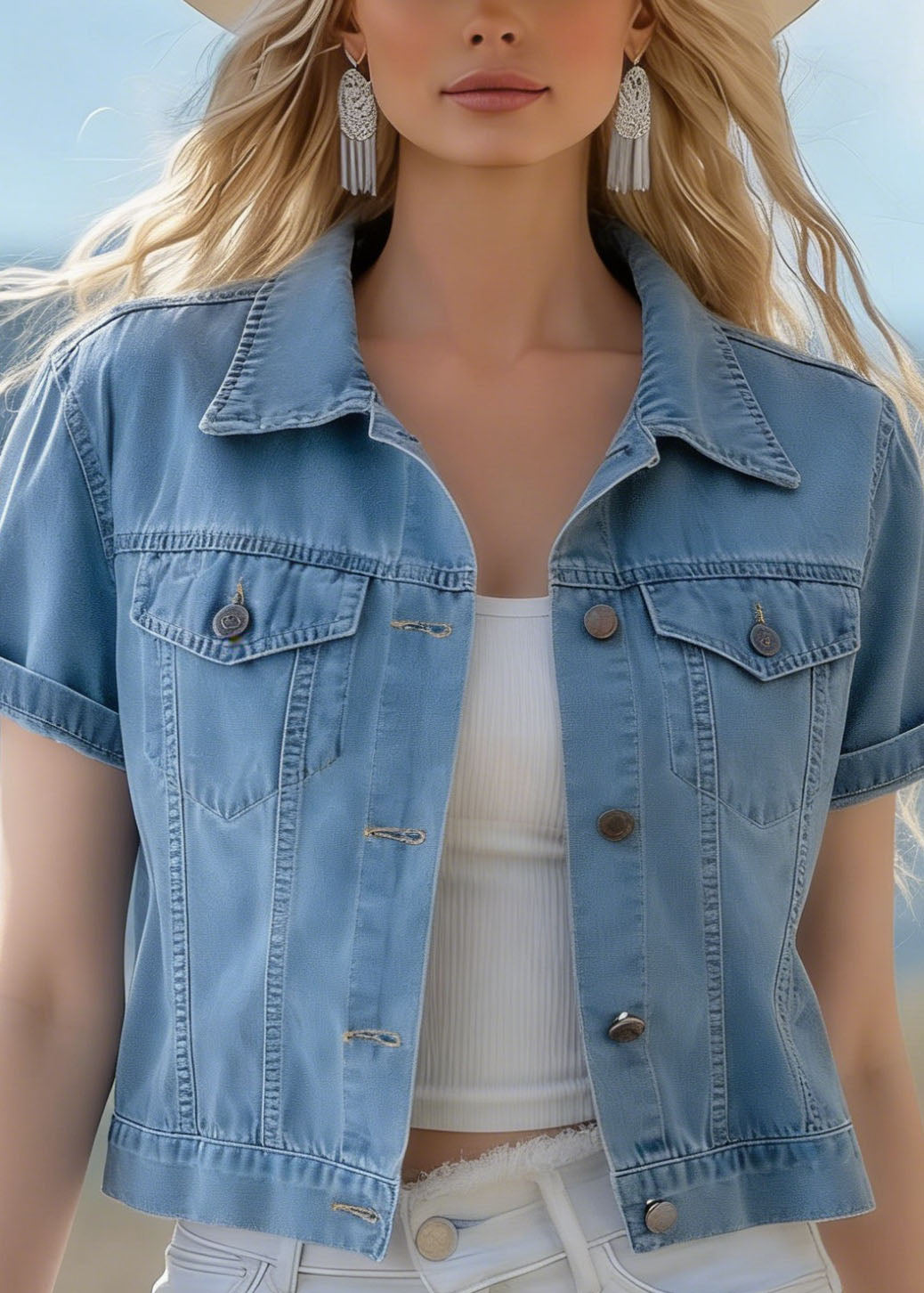 Women Blue Peter Pan Collar Pockets Denim Jackets Summer