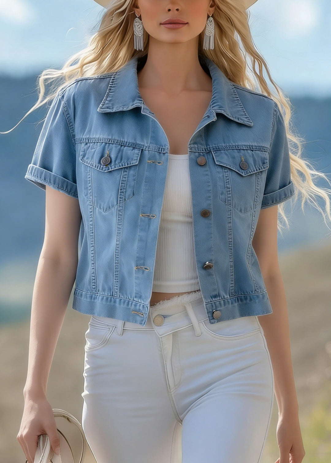 Women Blue Peter Pan Collar Pockets Denim Jackets Summer