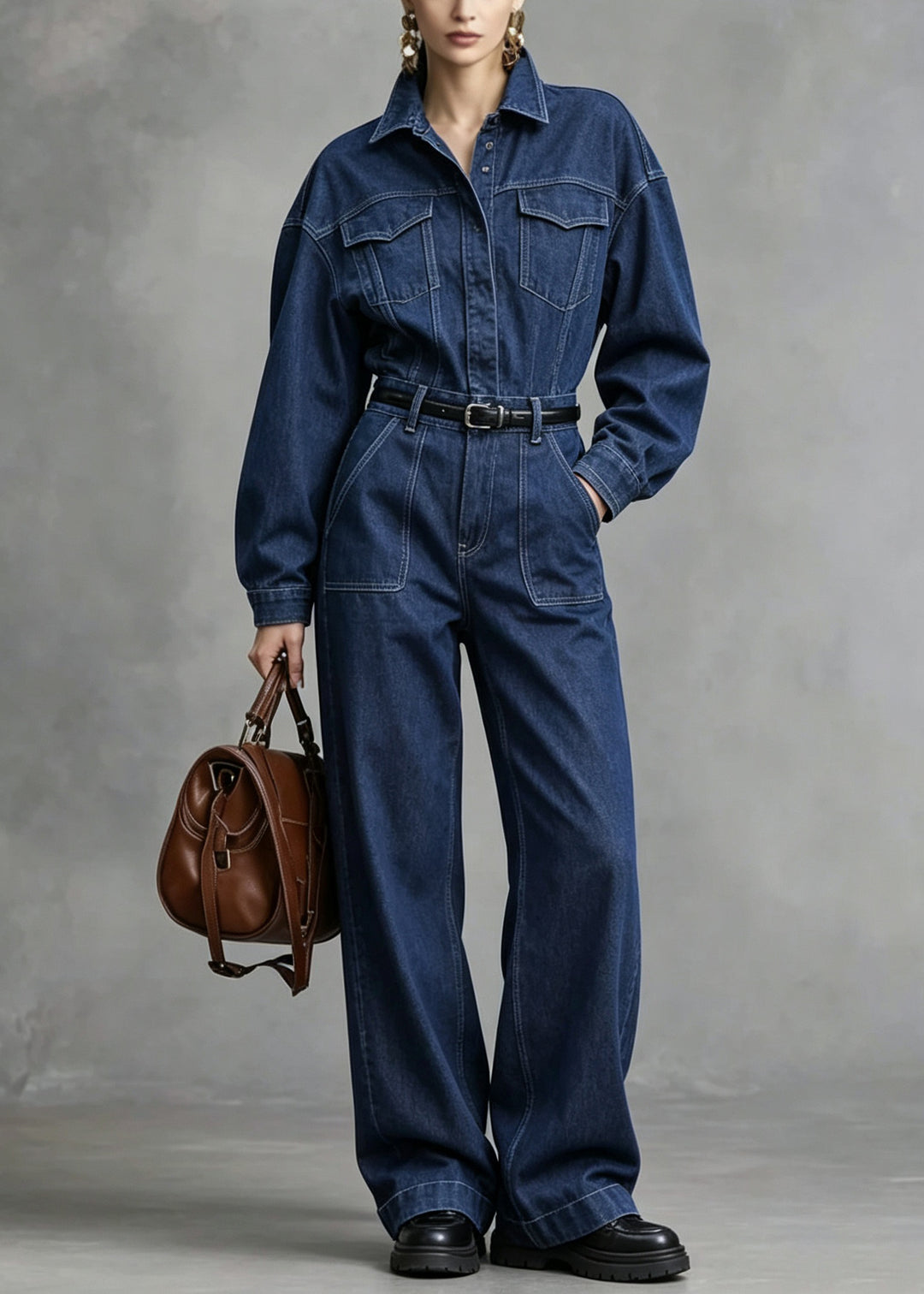 Women Blue Peter Pan Collar Pockets Patchwork Denim Jumpsuit Fall