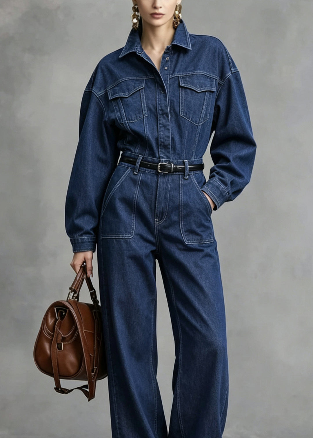 Women Blue Peter Pan Collar Pockets Patchwork Denim Jumpsuit Fall