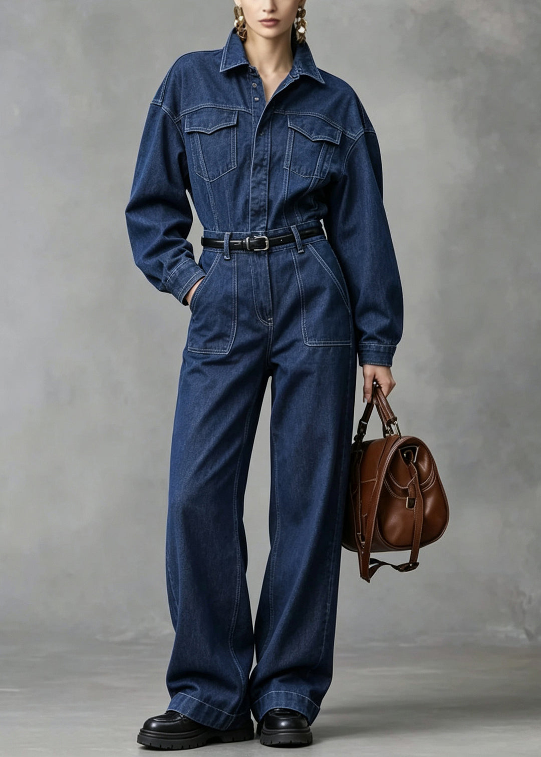 Women Blue Peter Pan Collar Pockets Patchwork Denim Jumpsuit Fall