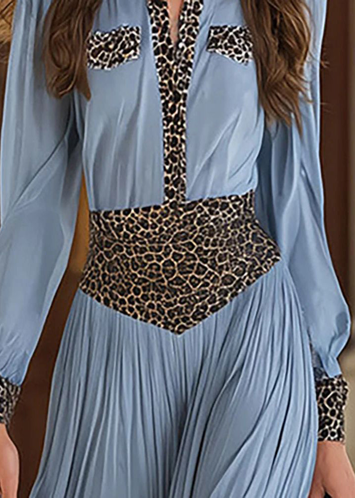 Women Blue Peter Pan Collar Print Patchwork Long Dress Fall