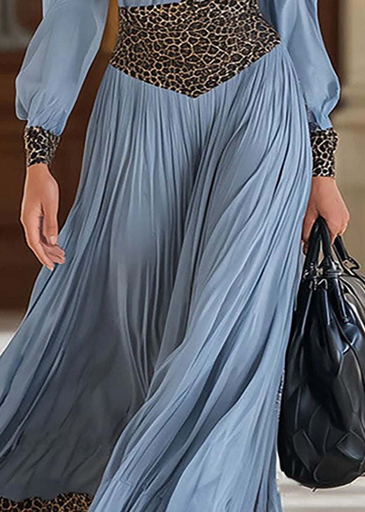 Women Blue Peter Pan Collar Print Patchwork Long Dress Fall