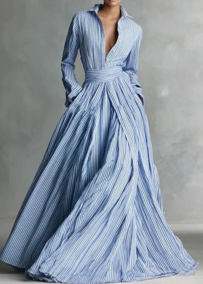 Women Blue Peter Pan Collar Striped Button Long Dresses Long Sleeve