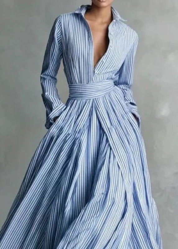 Women Blue Peter Pan Collar Striped Button Long Dresses Long Sleeve