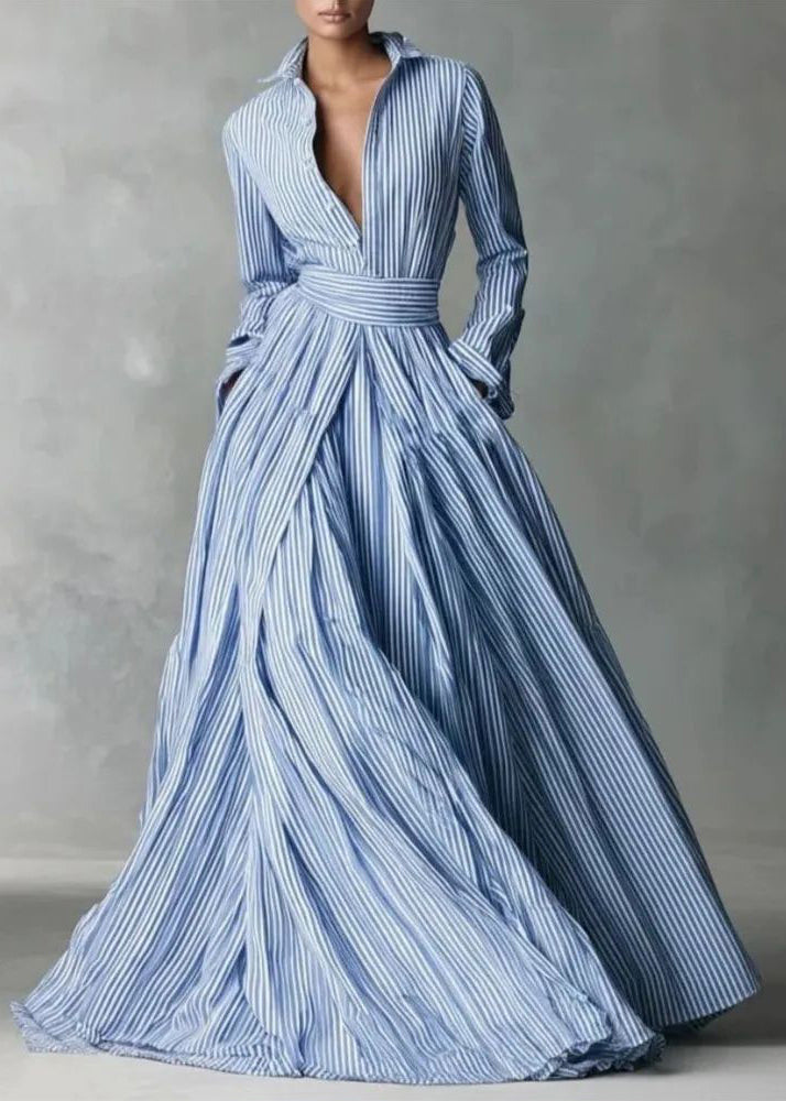 Women Blue Peter Pan Collar Striped Button Long Dresses Long Sleeve