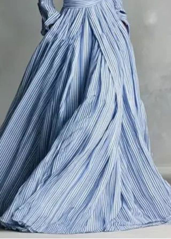 Women Blue Peter Pan Collar Striped Button Long Dresses Long Sleeve