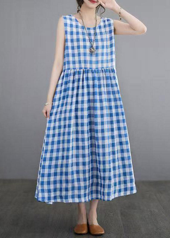 Women Blue Plaid Patchwork Maxi Dresses Sleeveless