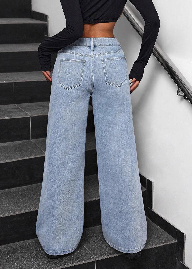 Women Blue Pockets Bow Wide Leg Jeans Fall