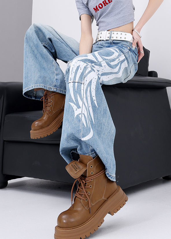 Women Blue Pockets Graffiti Denim Wide Leg Pants Fall