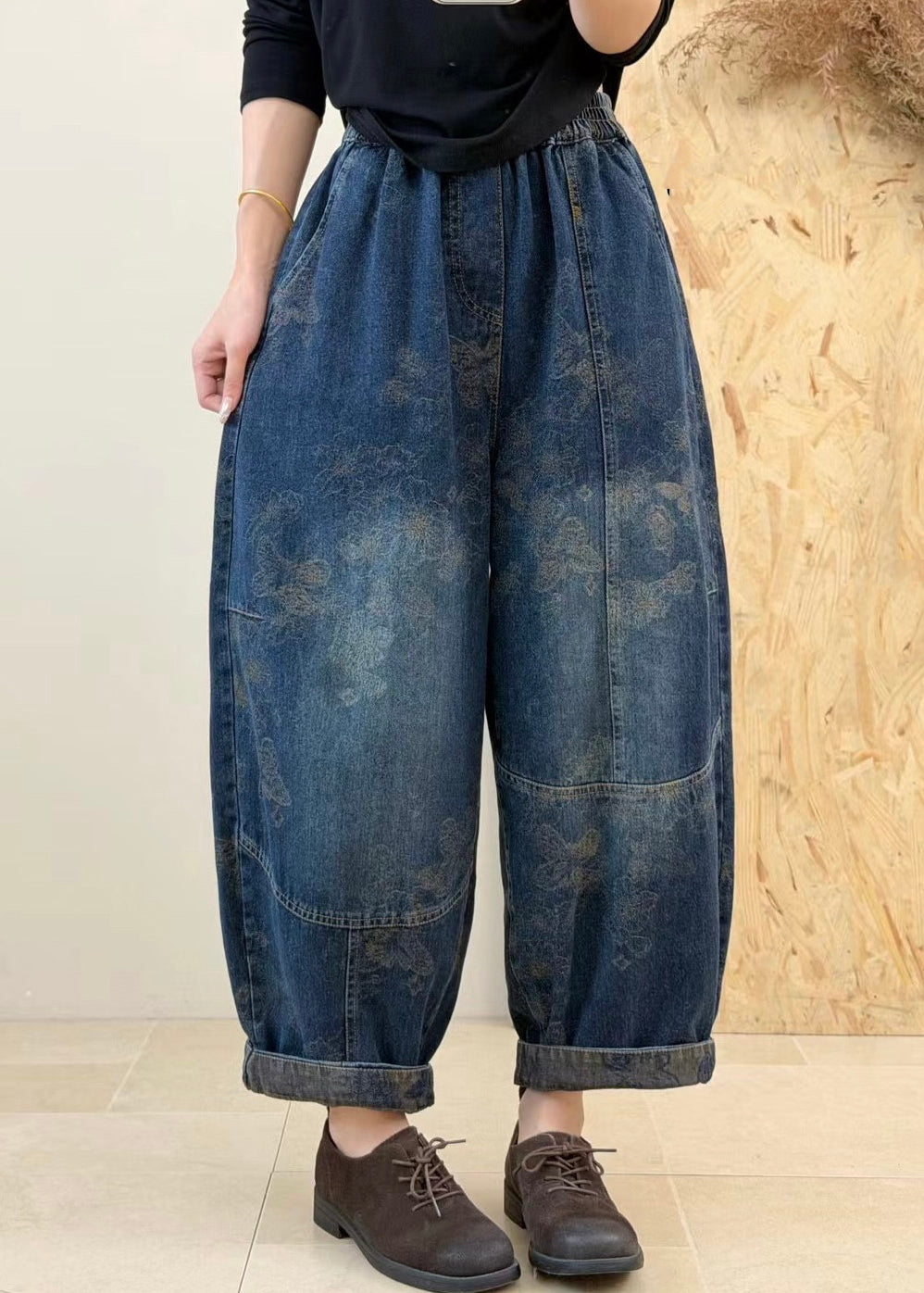 Women Blue Pockets Jacquard Patchwork Denim Pants Fall