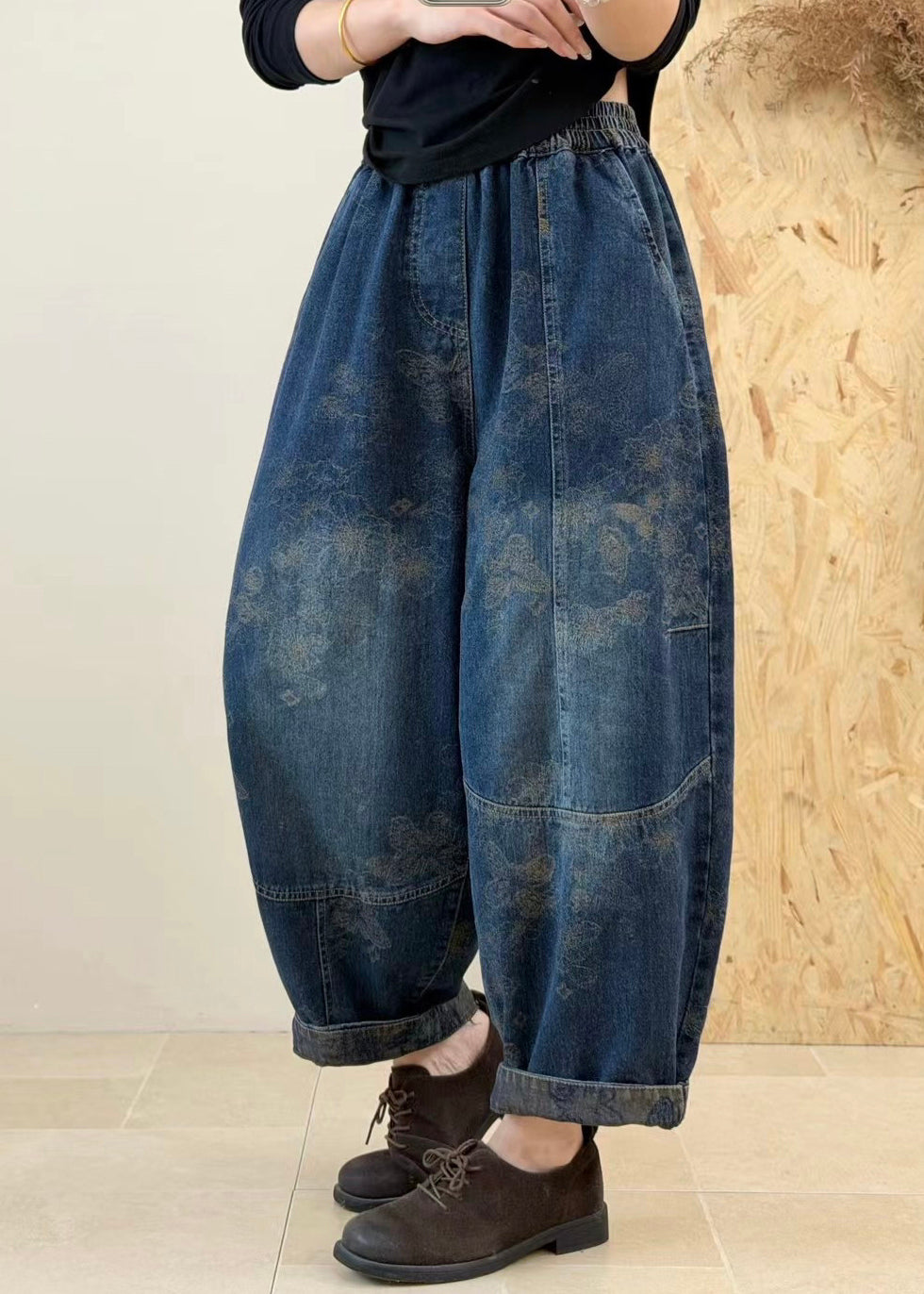 Women Blue Pockets Jacquard Patchwork Denim Pants Fall