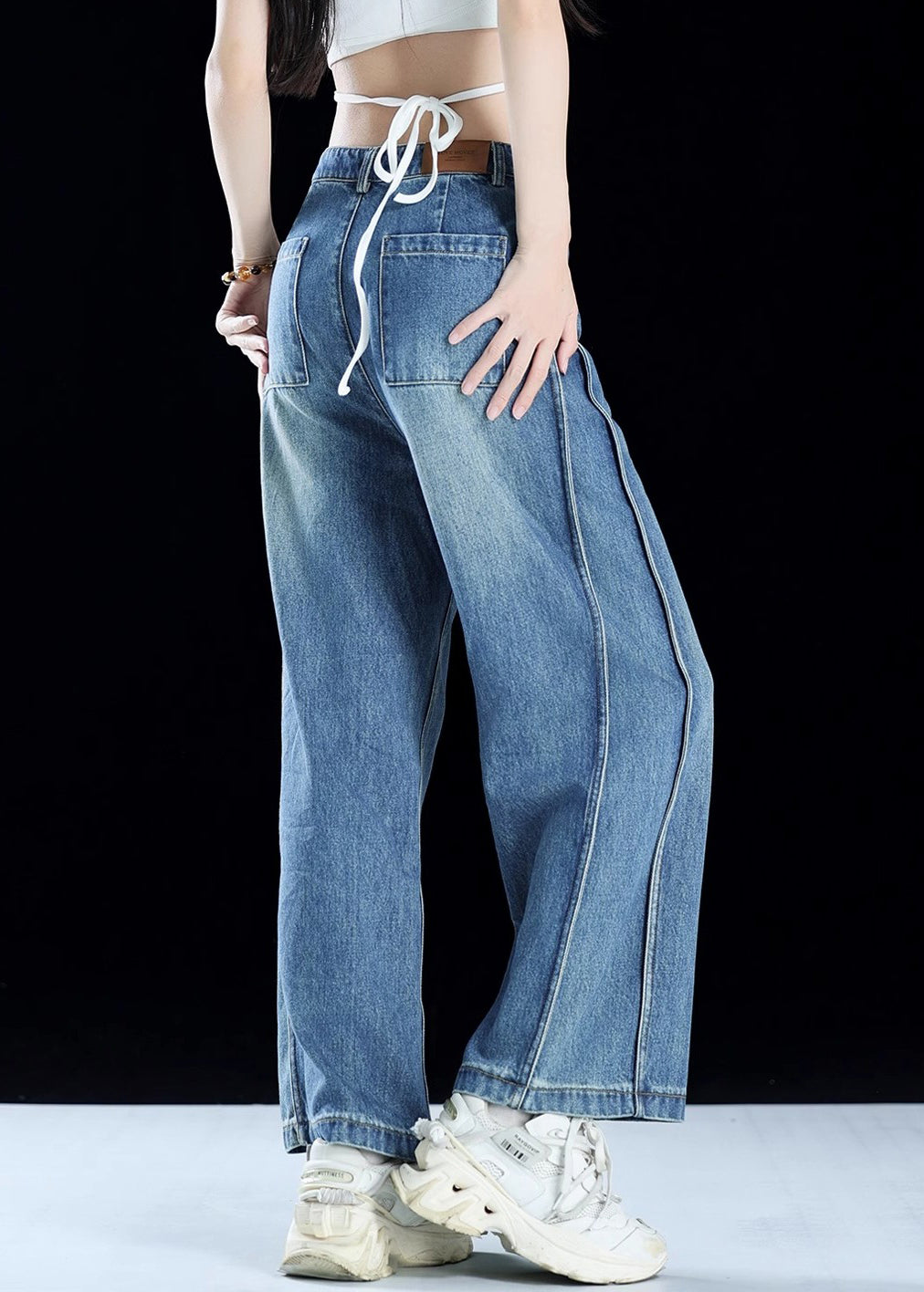 Women Blue Pockets Patchwork Denim Crop Pants Summer