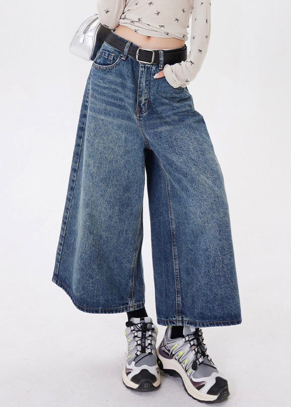 Women Blue Pockets Patchwork Denim Crop Pants