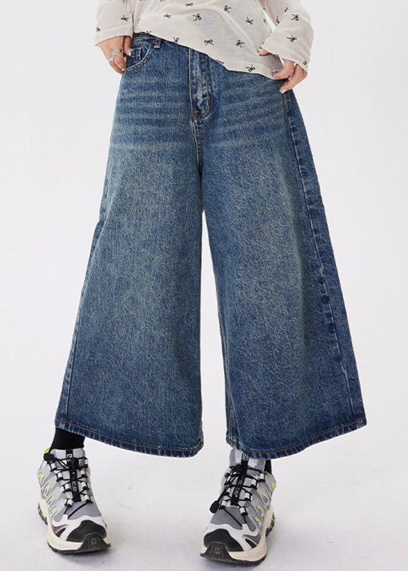 Women Blue Pockets Patchwork Denim Crop Pants