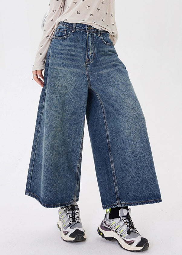 Women Blue Pockets Patchwork Denim Crop Pants