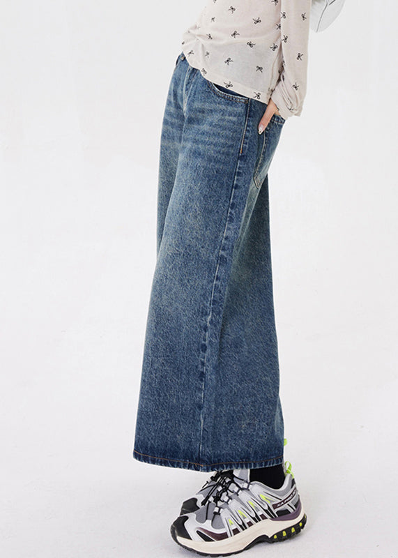Women Blue Pockets Patchwork Denim Crop Pants