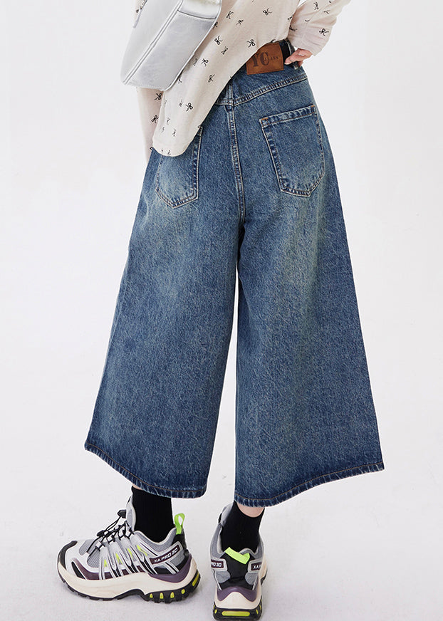 Women Blue Pockets Patchwork Denim Crop Pants