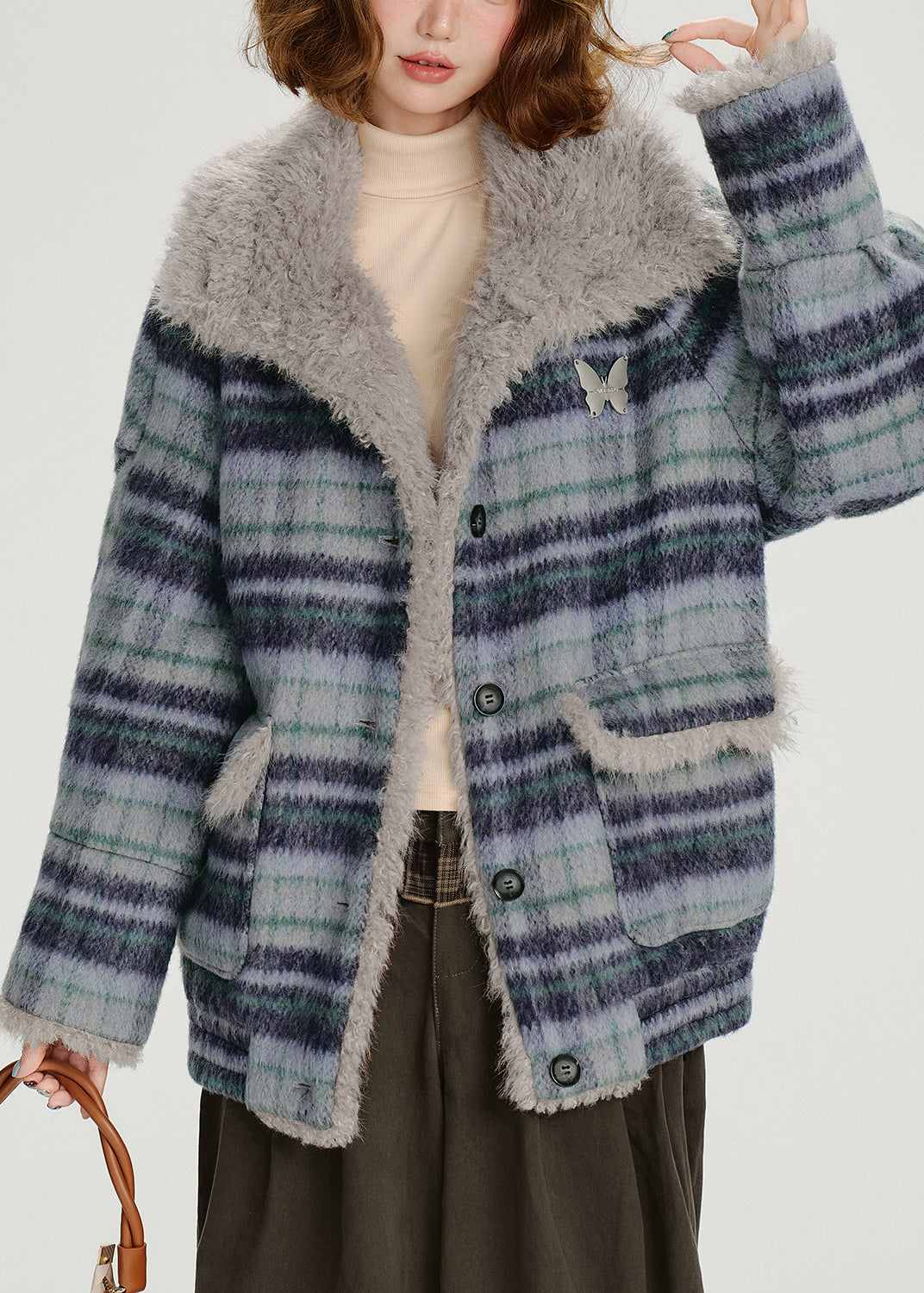 Women Blue Pockets Plaid Warm Fleece Coat Outwear Winter