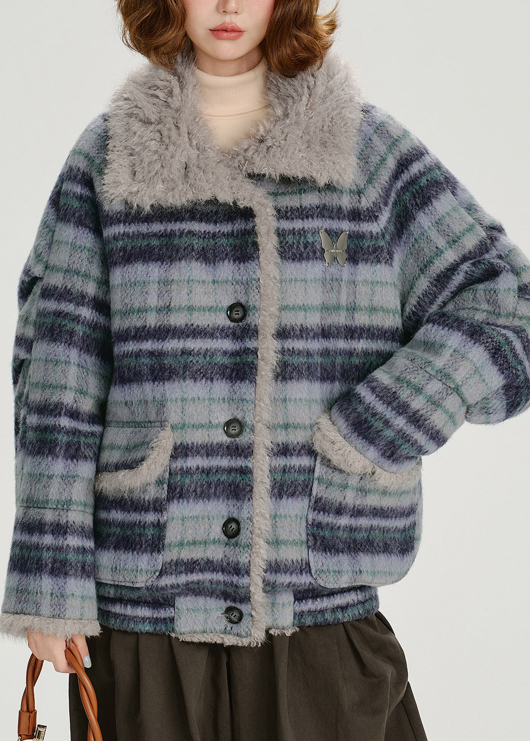 Women Blue Pockets Plaid Warm Fleece Coat Outwear Winter