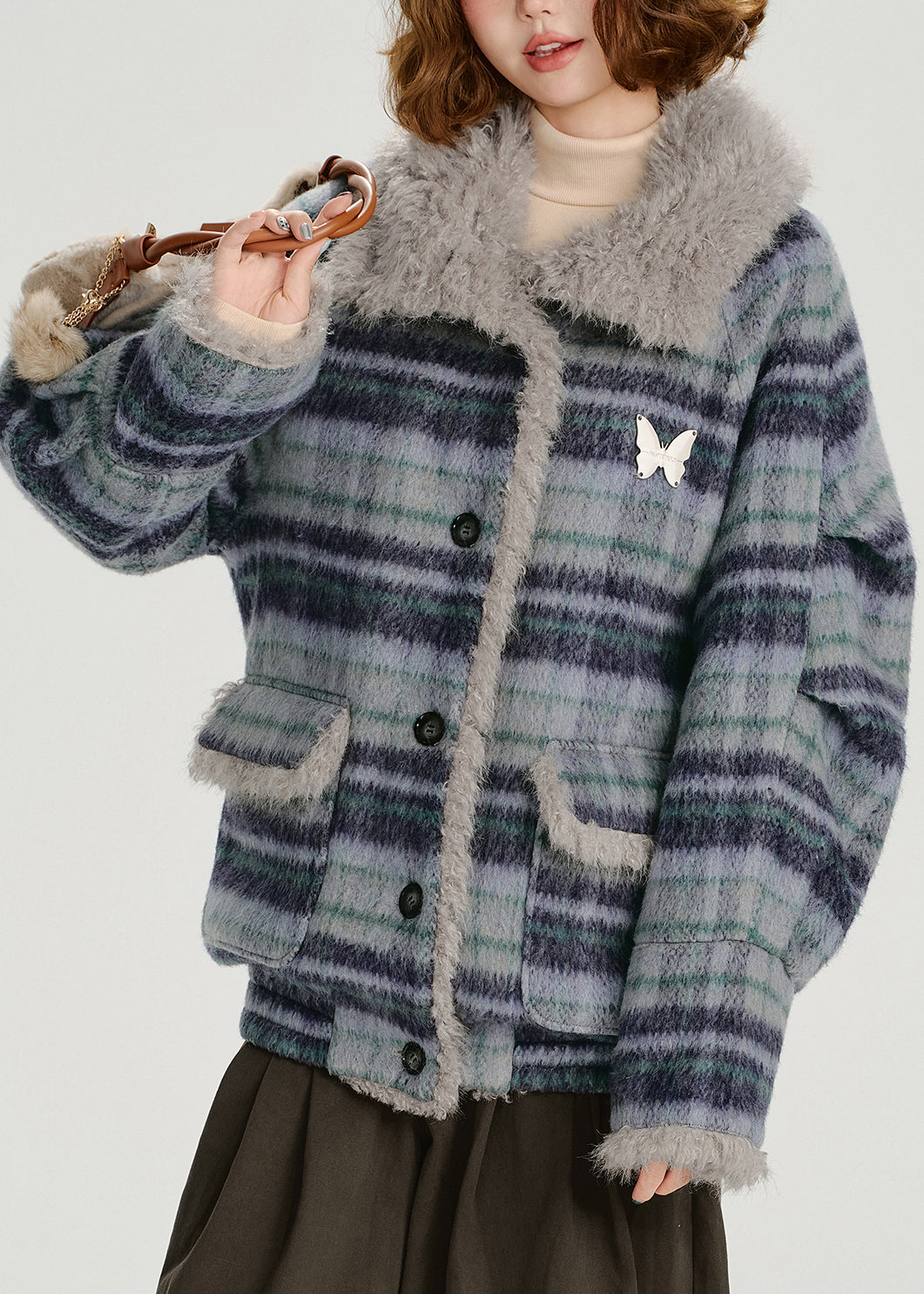 Women Blue Pockets Plaid Warm Fleece Coat Outwear Winter