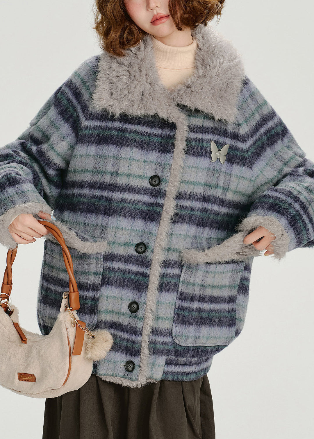 Women Blue Pockets Plaid Warm Fleece Coat Outwear Winter