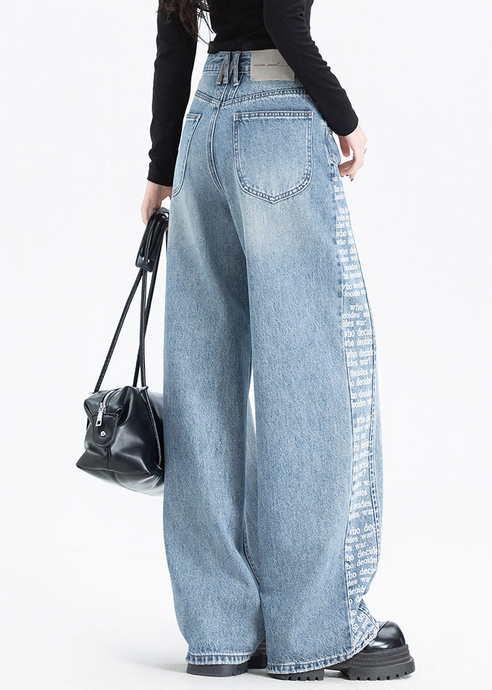 Women Blue Pockets Print Patchwork Denim Pants Spring