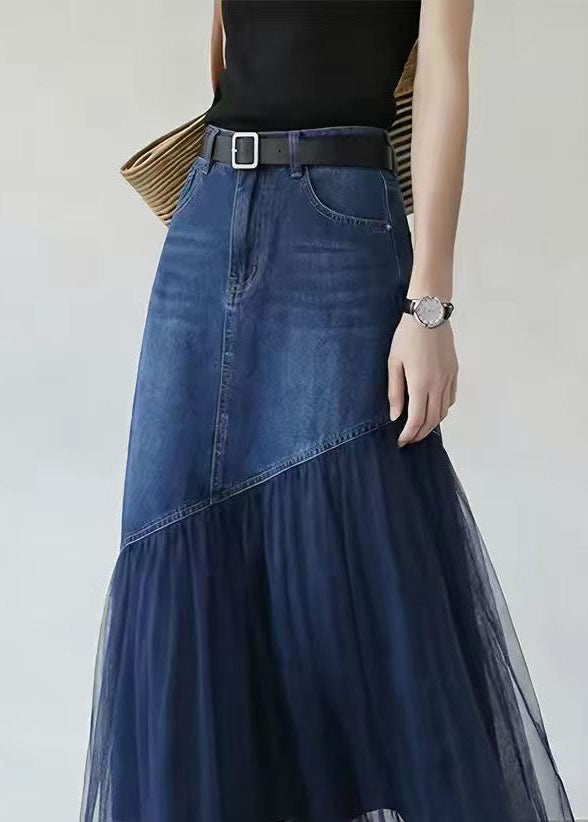 Women Blue Pockets Tulle Patchwork High Waist Denim Maxi Skirt Fall