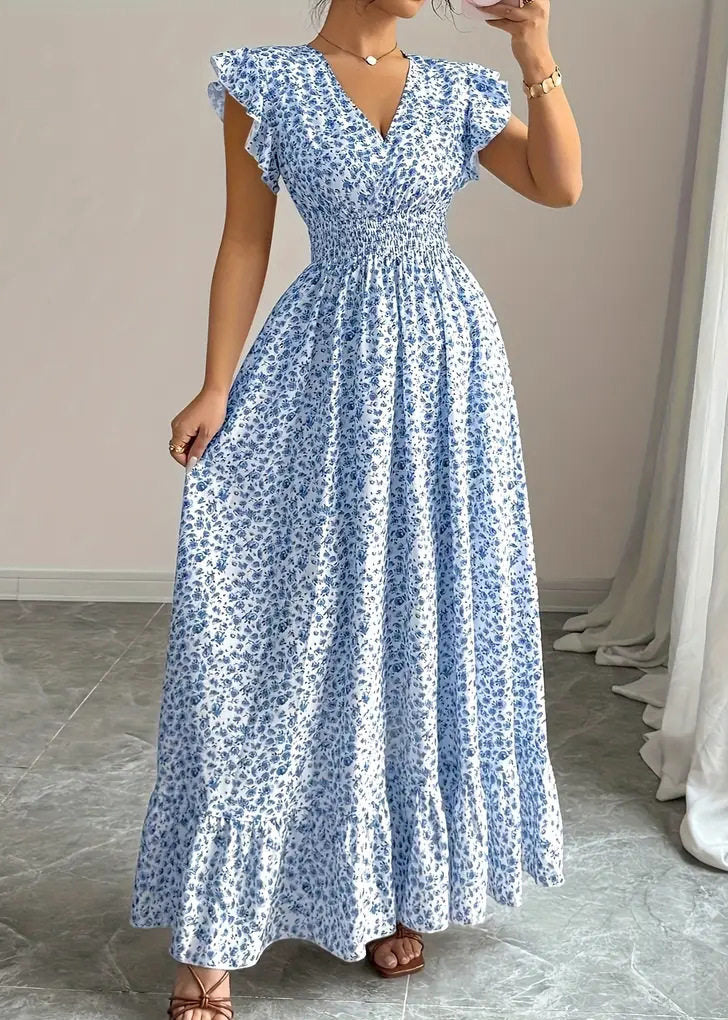 Women Blue Print Elastic Waist Cotton Maxi Dresses Summer
