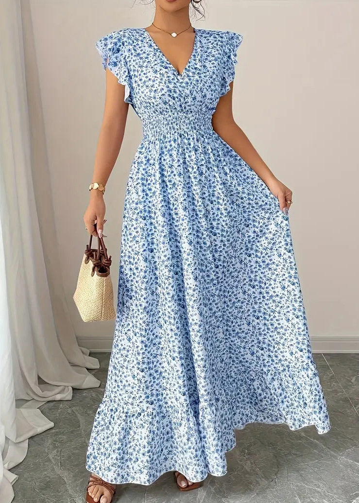 Women Blue Print Elastic Waist Cotton Maxi Dresses Summer