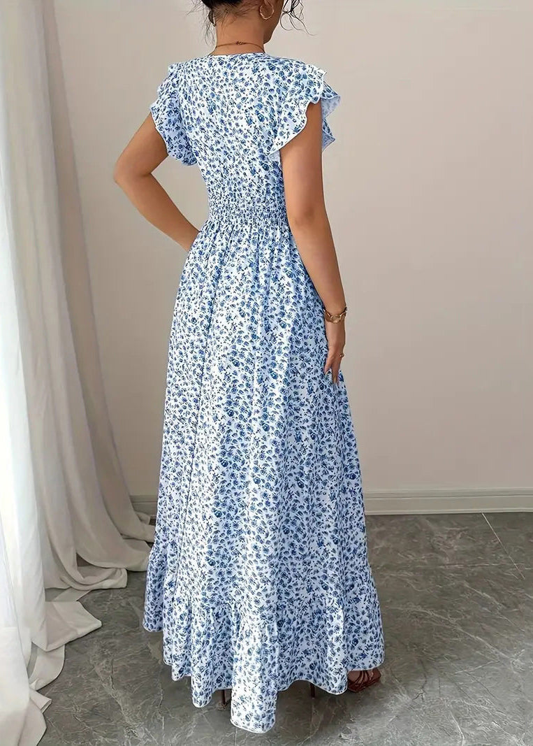 Women Blue Print Elastic Waist Cotton Maxi Dresses Summer