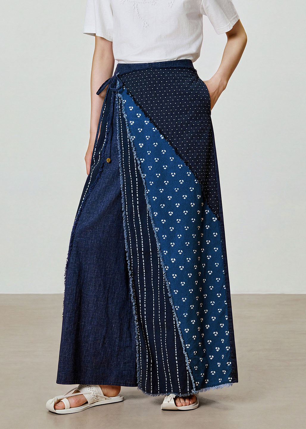 Women Blue Print Patchwork Cotton Wide Leg Pants Fall