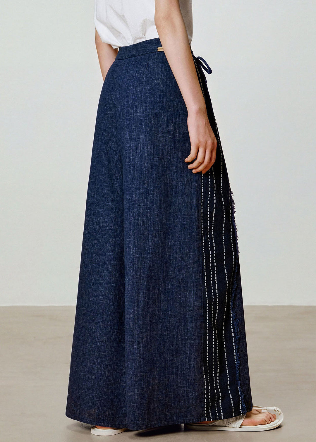 Women Blue Print Patchwork Cotton Wide Leg Pants Fall