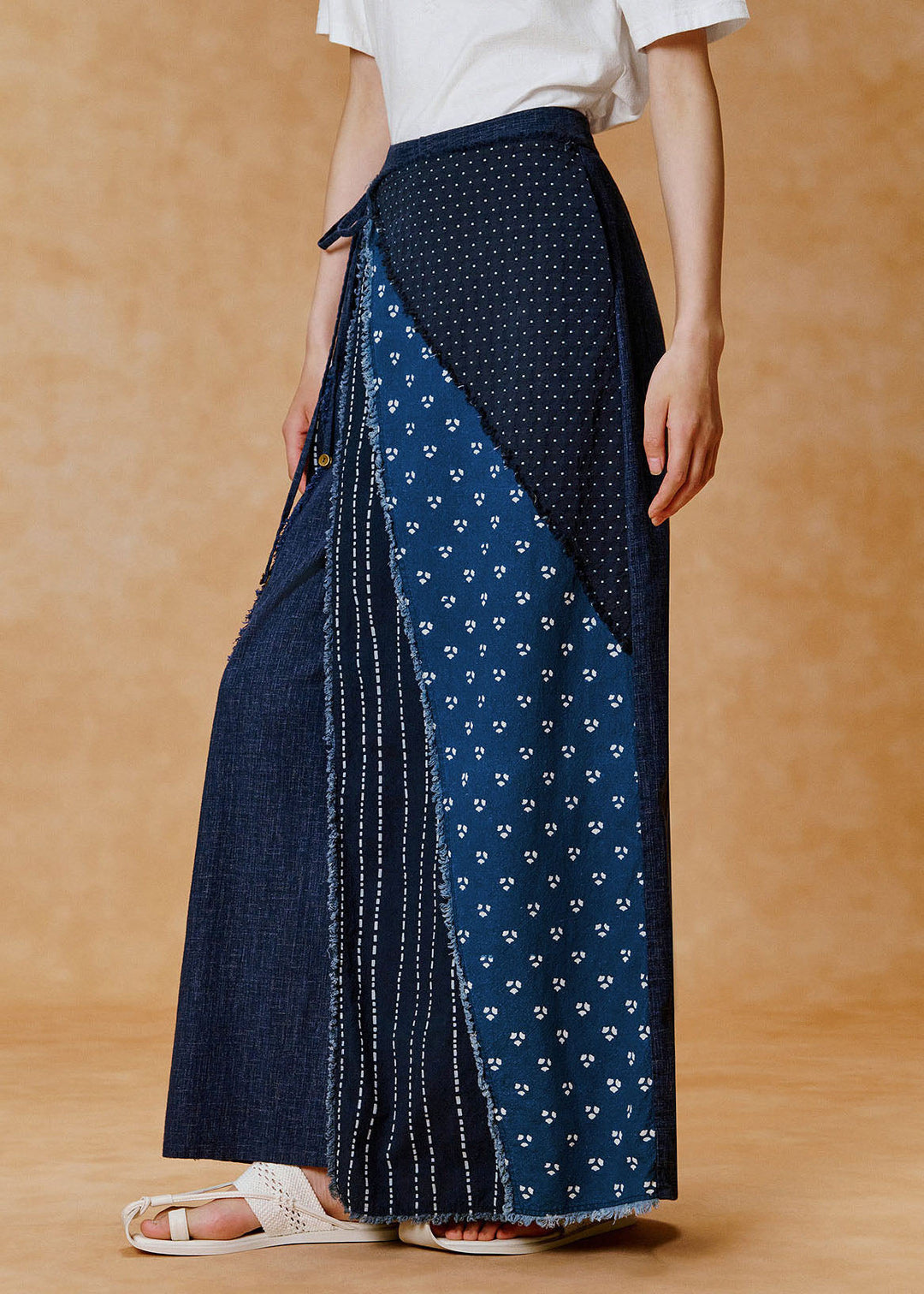 Women Blue Print Patchwork Cotton Wide Leg Pants Fall