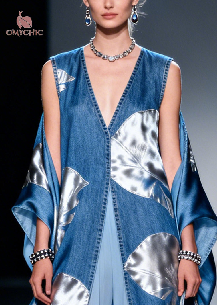 Women Blue Print Patchwork Exra Large Hem Denim A Line Dresses Summer