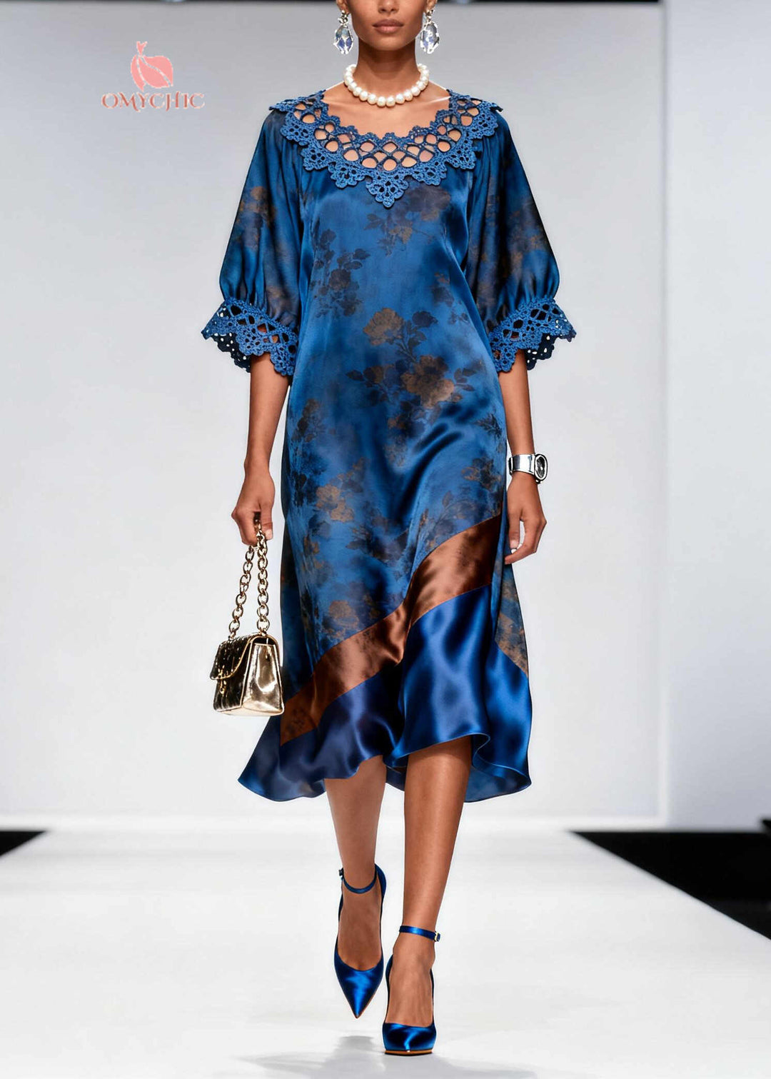 Women Blue Print Patchwork Hollow Out Silk Maxi Dress Summer