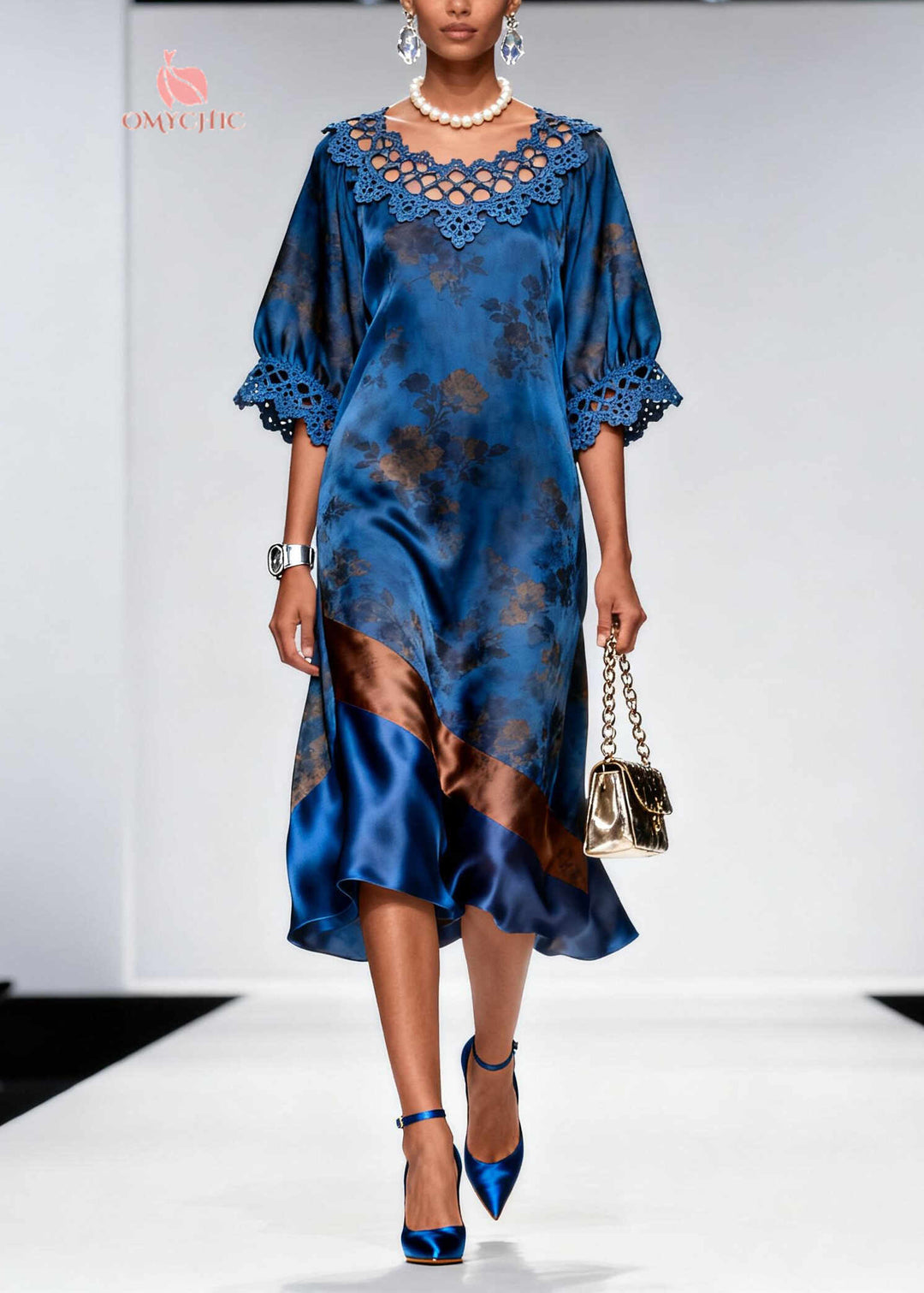 Women Blue Print Patchwork Hollow Out Silk Maxi Dress Summer