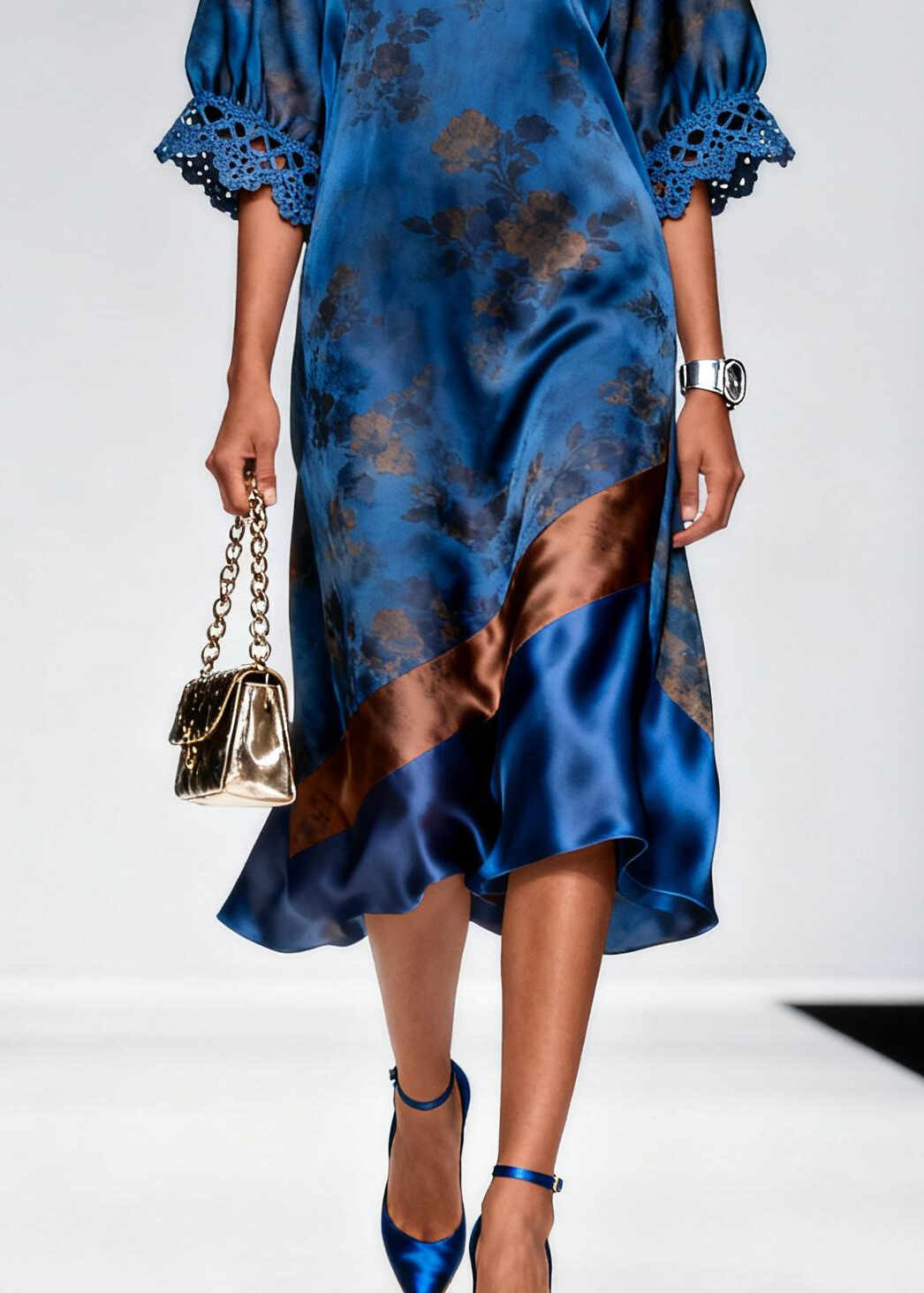 Women Blue Print Patchwork Hollow Out Silk Maxi Dress Summer