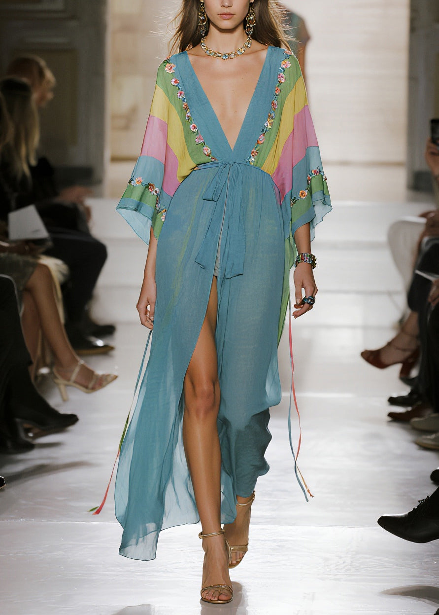 Women Blue Print Side Open Chiffon Long Dress Summer