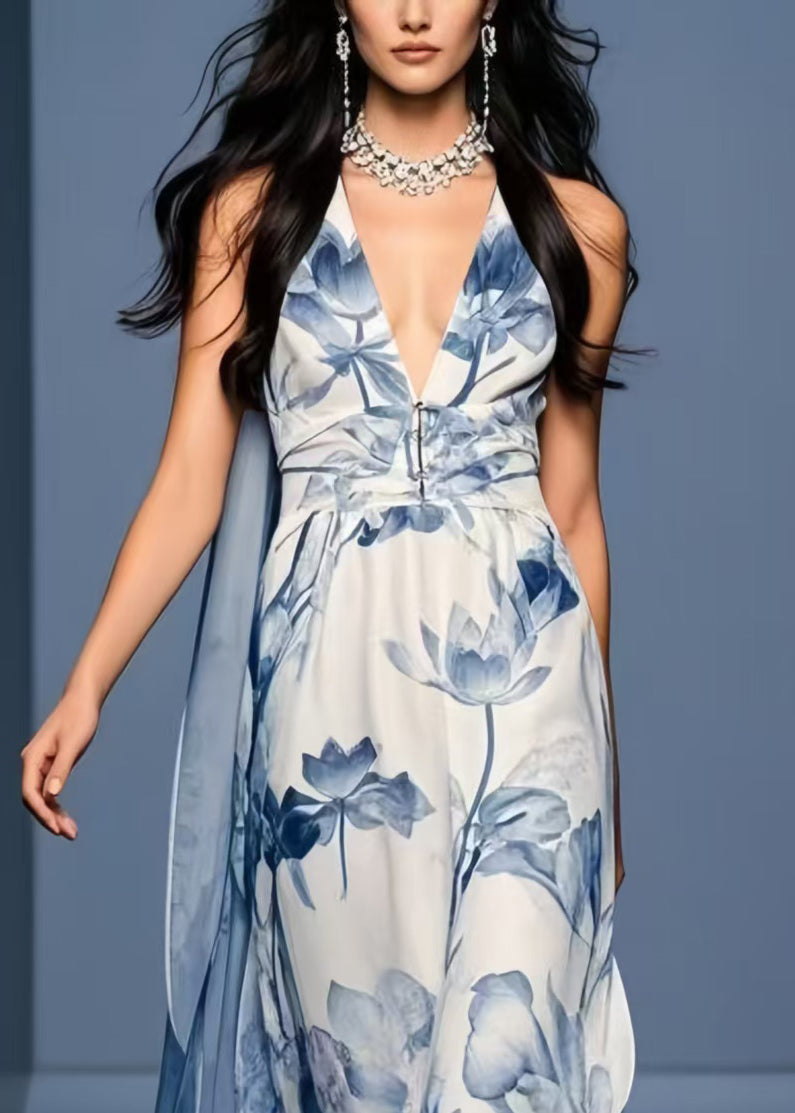 Women Blue Print Side Open Chiffon Sundresses Sleeveless