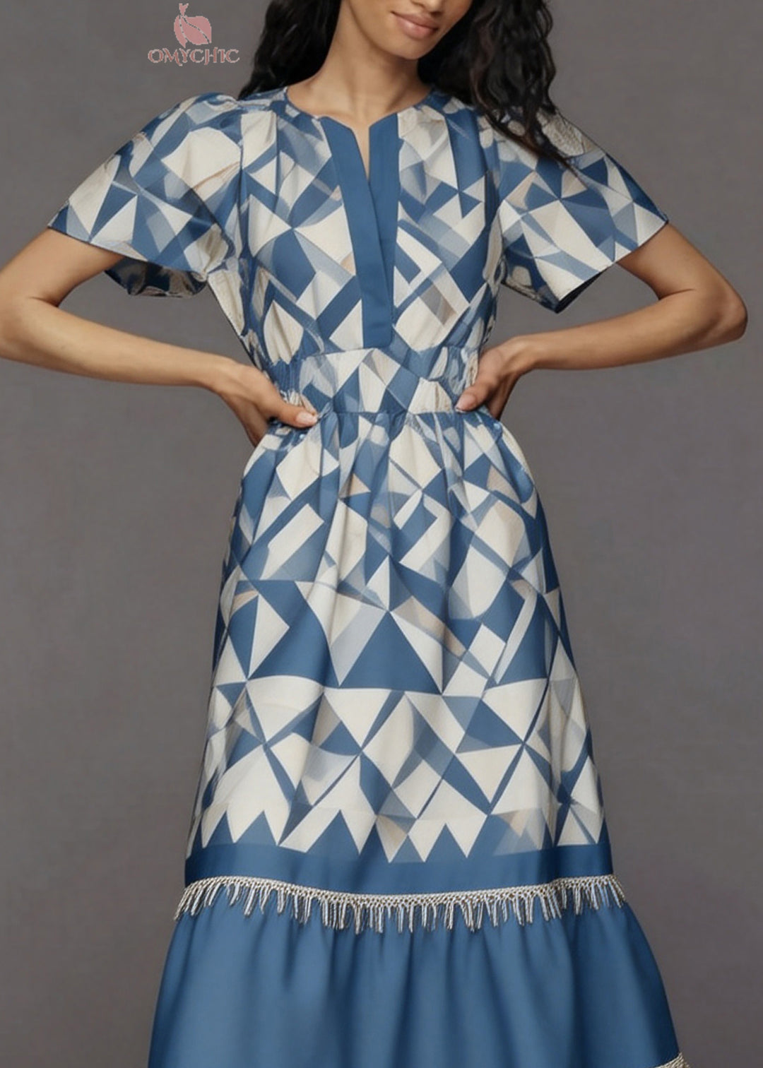 Women Blue Print Tasseled Patchwork Cotton Long Dresses Summer