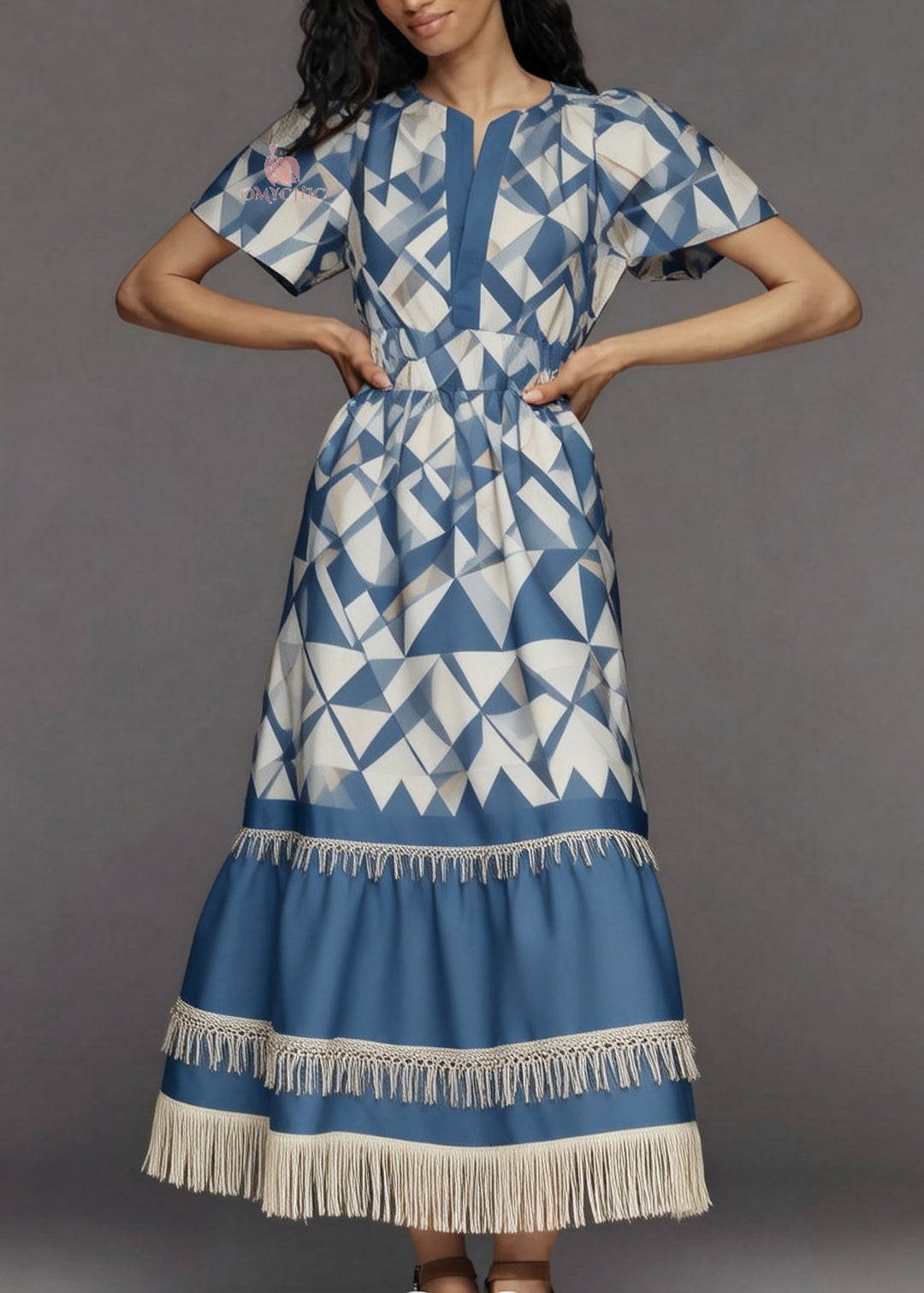 Women Blue Print Tasseled Patchwork Cotton Long Dresses Summer