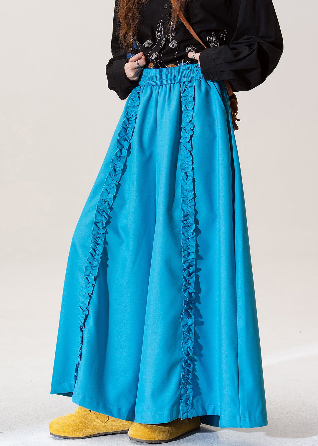 Women Blue Ruffled Elastic Waist Cotton Pants Fall