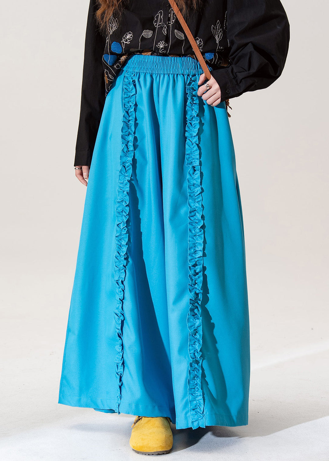 Women Blue Ruffled Elastic Waist Cotton Pants Fall